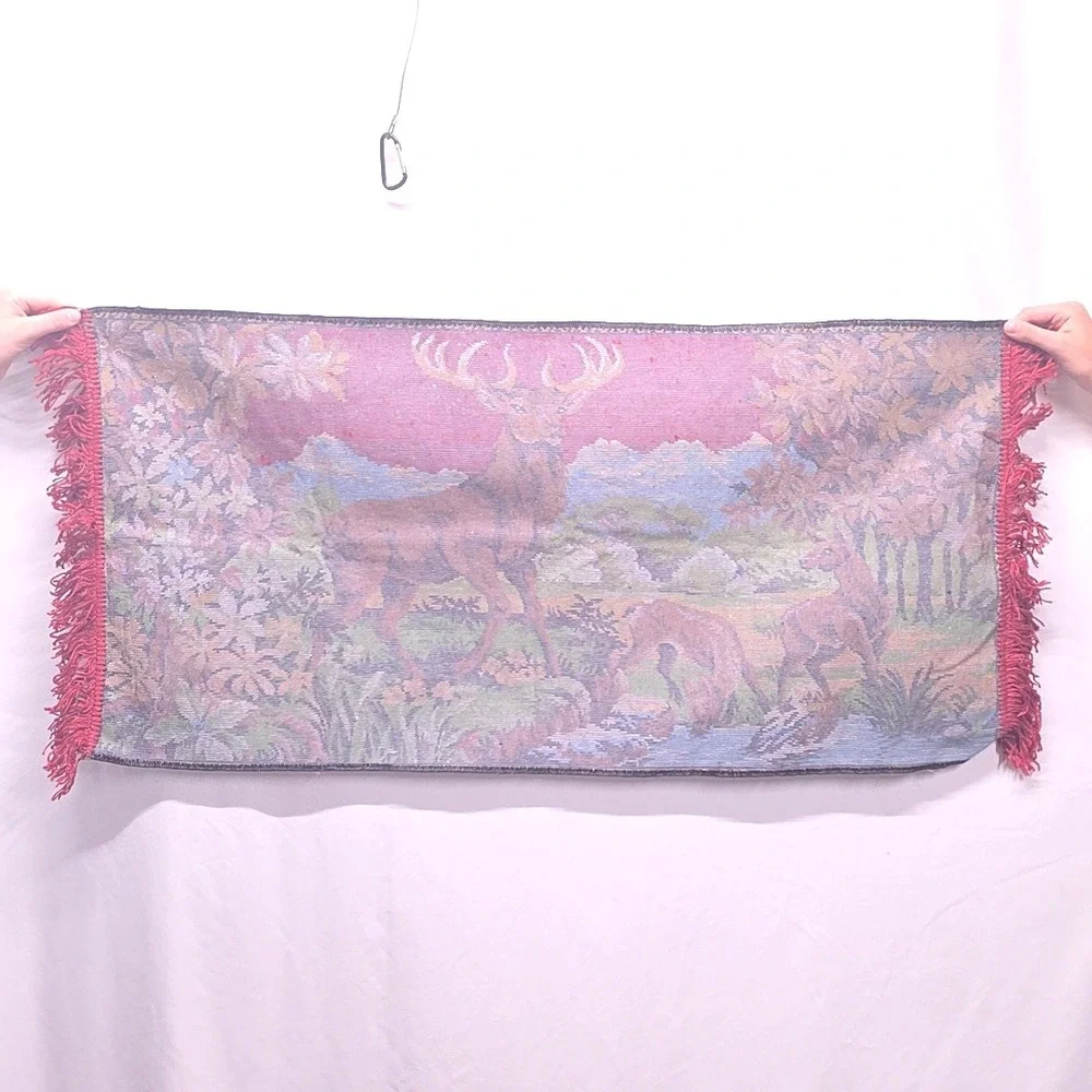 Vintage Wall Hanging Tapestry Red Woven Deer Buck Forest Velvety Fringed